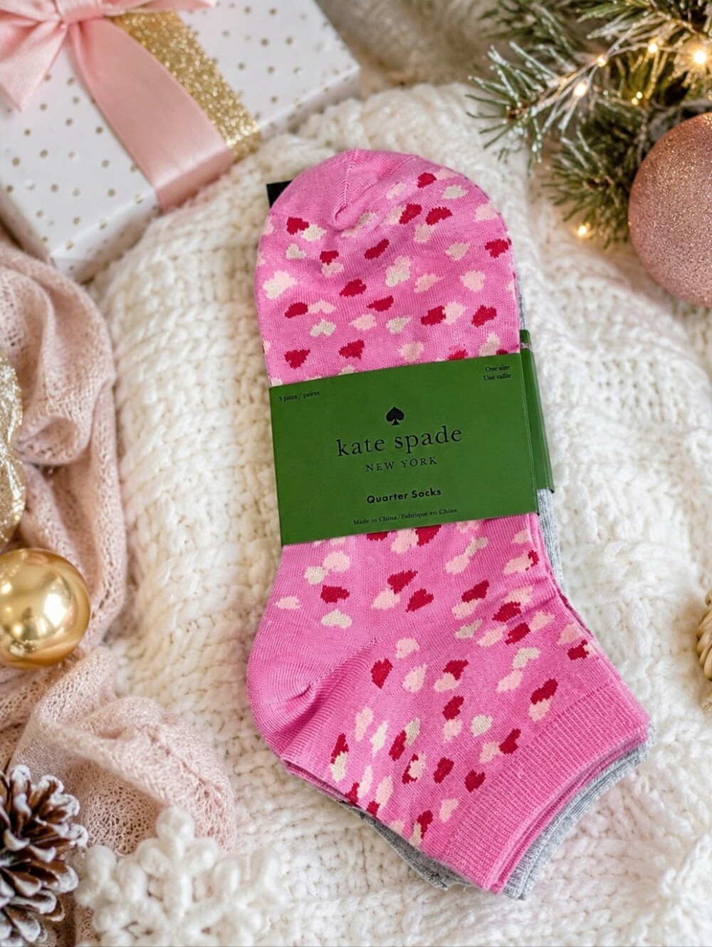 NWT Kate Spade New York Quarter Socks 3 Pair Pack Pink Hearts One Size